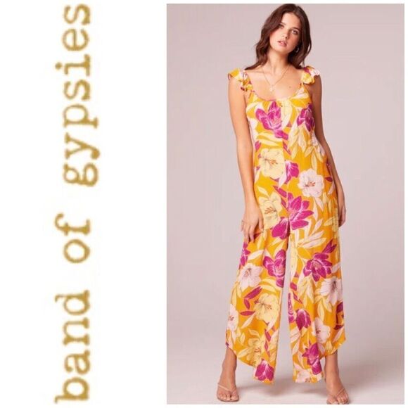 BAND OF GYPSIES COLLECTIVE - NWT “Euphoria” Gold Floral Wide-Leg Jumpsuit. Sz M - Picture 1 of 16